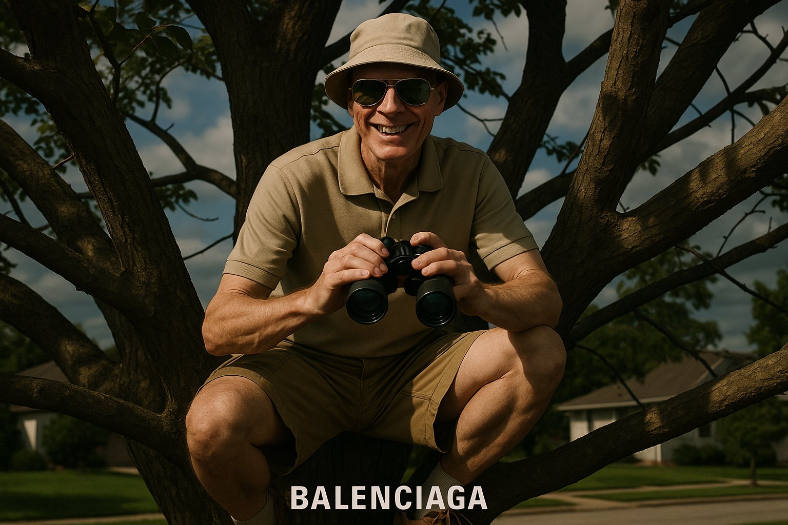 White Van Collection - Model in tree with binoculars