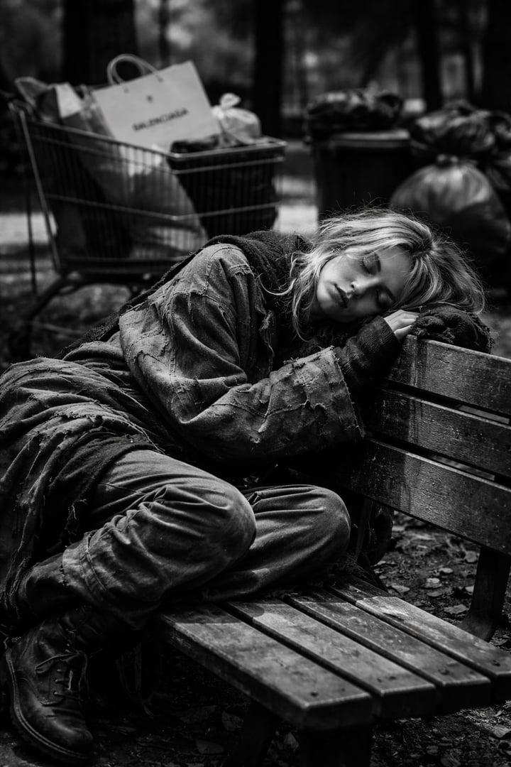 Fashion model on park bench