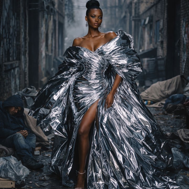 Model in space blanket evening wear