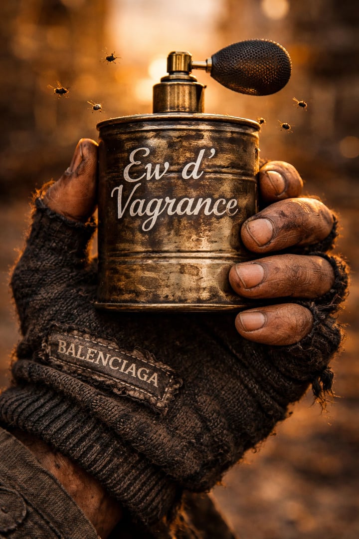 Weathered hands holding perfume bottle